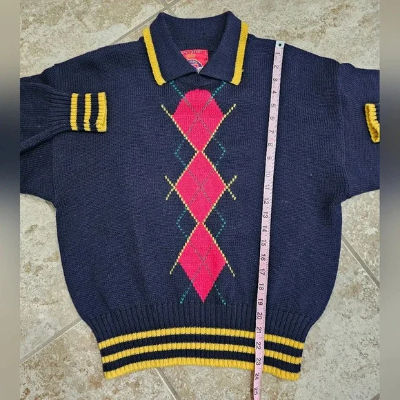 Esprit Sport M 80s Navy Yellow Argyle Wool Collared Sweater Preppy Collegiate - Picture 7 of 7